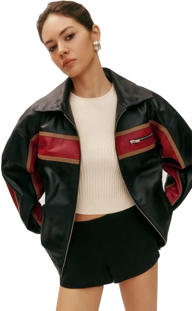 Women’s Fashion 90'S Ultra Vintage Oversized Stripe Biker Rider Moto Genuine Leather Bomber Jacket