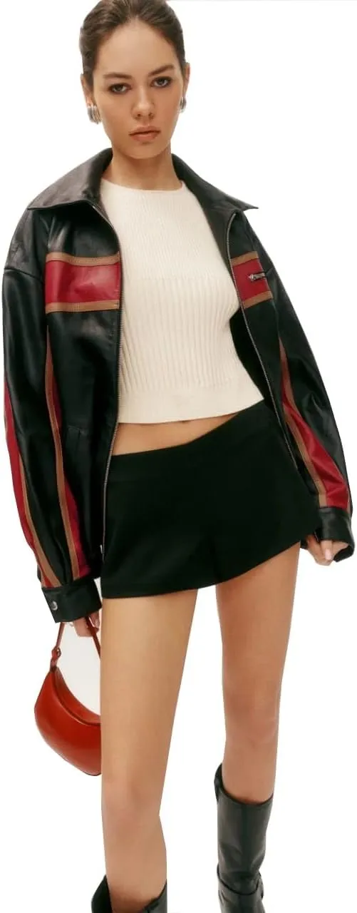 Women’s Fashion 90'S Ultra Vintage Oversized Stripe Biker Rider Moto Genuine Leather Bomber Jacket