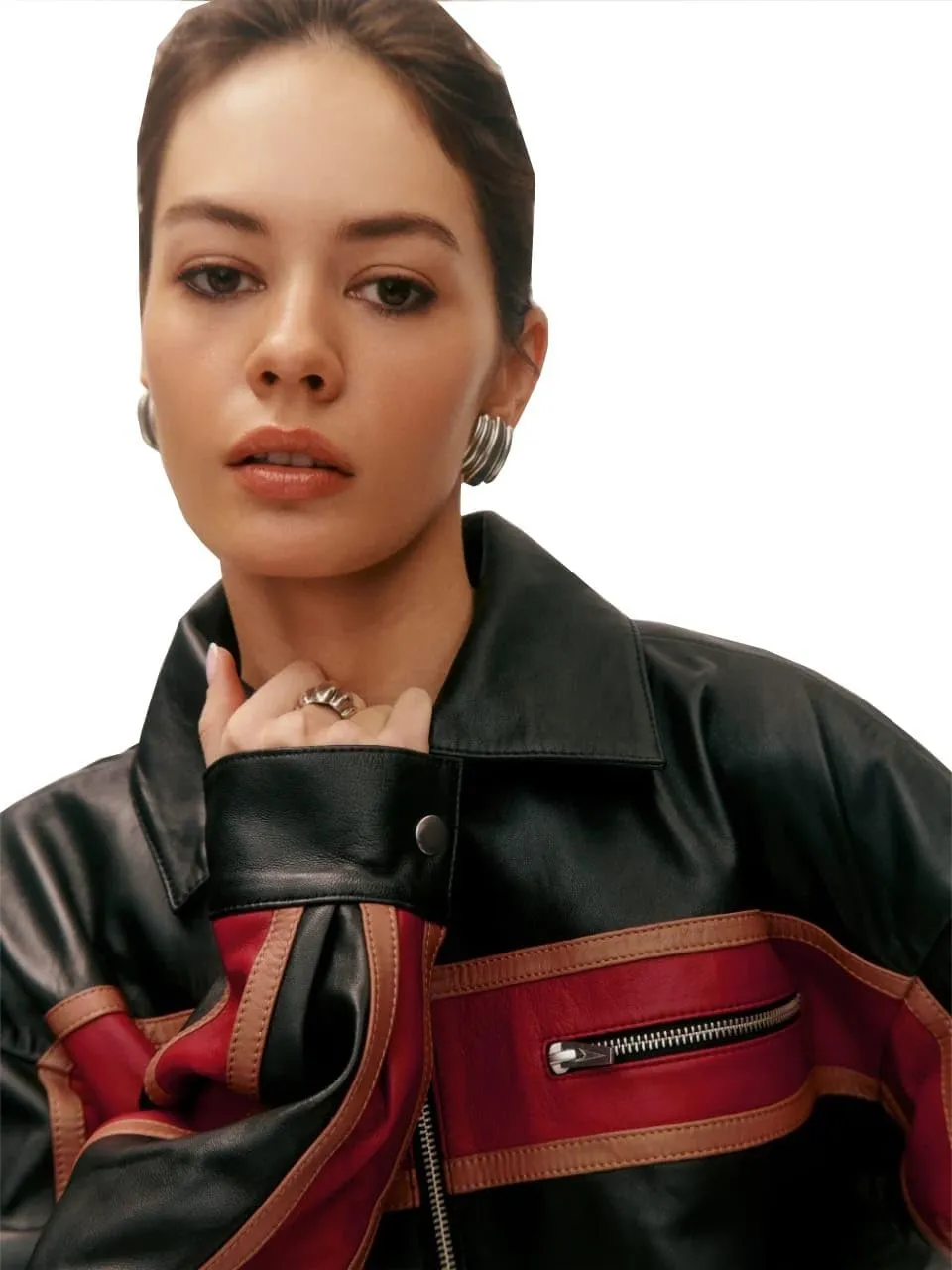Women’s Fashion 90'S Ultra Vintage Oversized Stripe Biker Rider Moto Genuine Leather Bomber Jacket