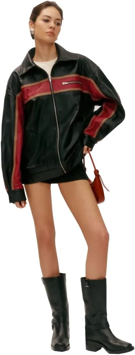 Women’s Fashion 90'S Ultra Vintage Oversized Stripe Biker Rider Moto Genuine Leather Bomber Jacket