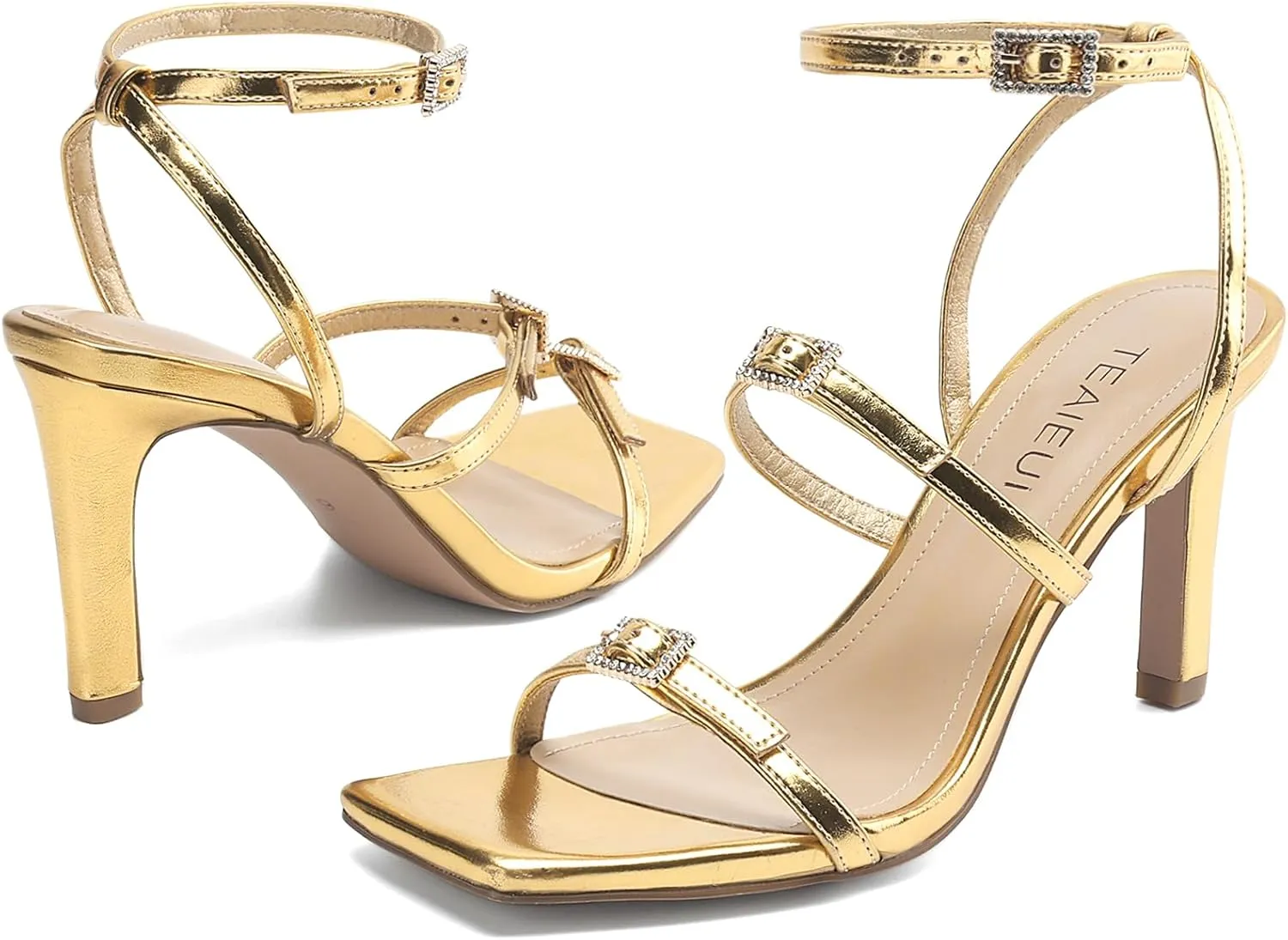 Women's Heeled Sandals Strappy Heels for Women Square Toe Prom Shoes Stiletto Heels Dressy for Party Wedding