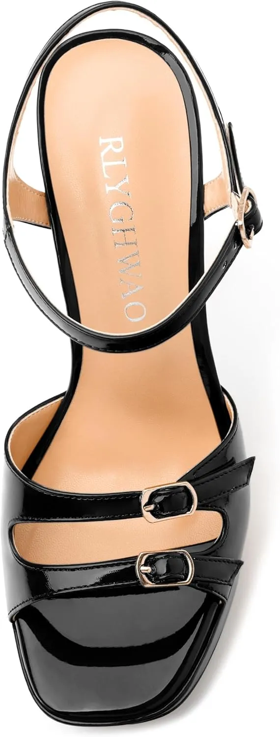 Women's High Heel Platform Sandals - Open Square Toe, Adjustable Buckle Ankle Strap, Versatile Party/Wedding/Daily Shoes