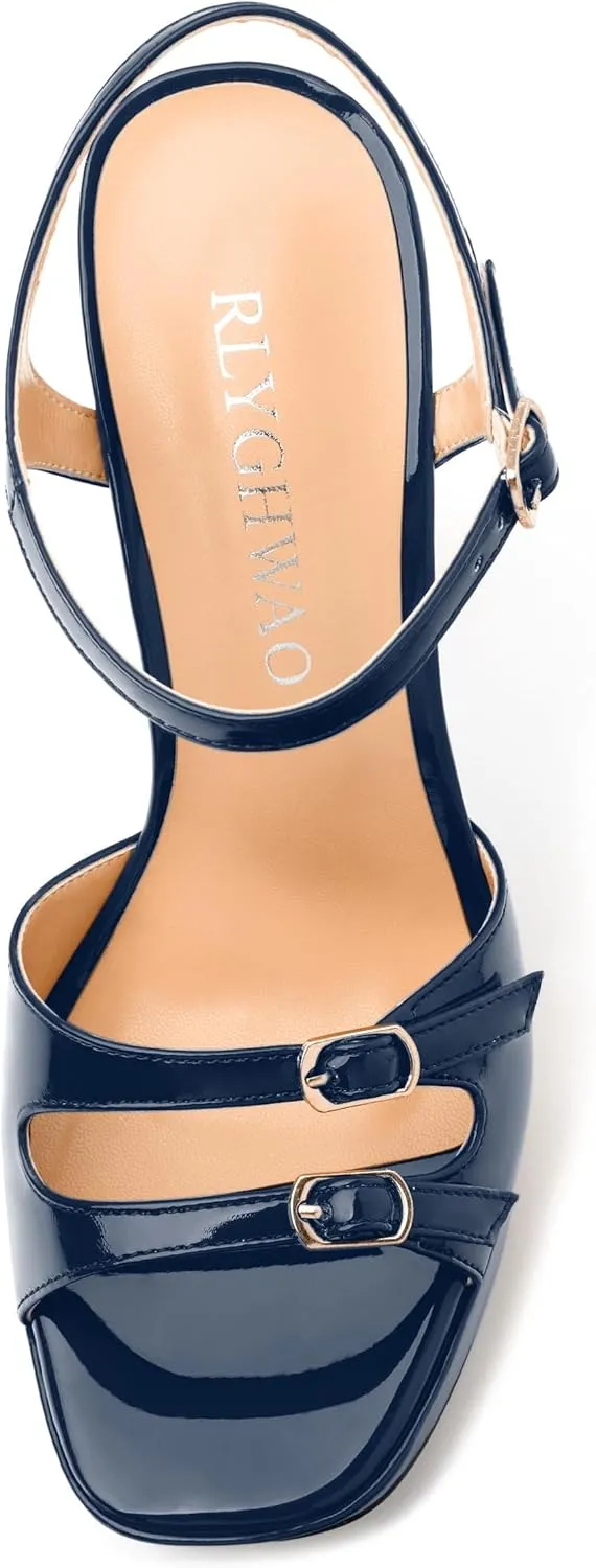 Women's High Heel Platform Sandals - Open Square Toe, Adjustable Buckle Ankle Strap, Versatile Party/Wedding/Daily Shoes
