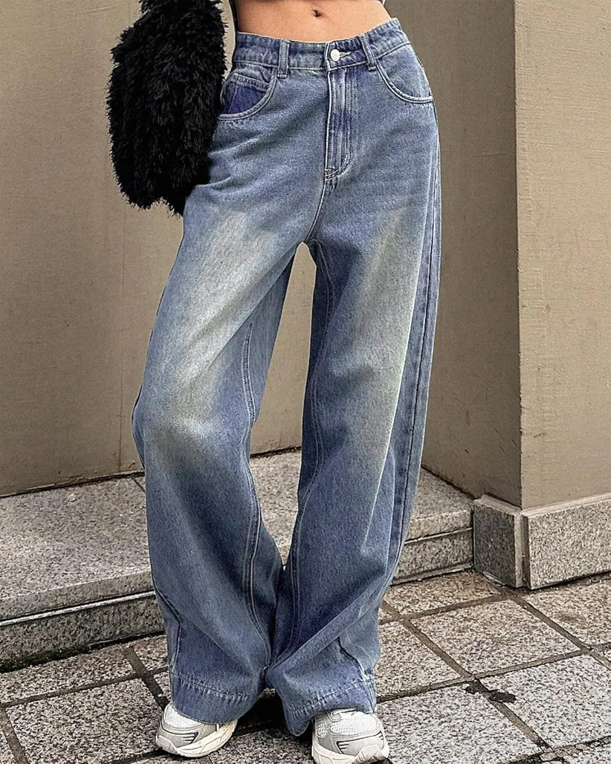 Women's High Waist Baggy Jeans 90s Grunge Boyfriend Wide Leg Denim | Y2K Vintage Loose Fit in Medium/Retro Dark Blue Wash