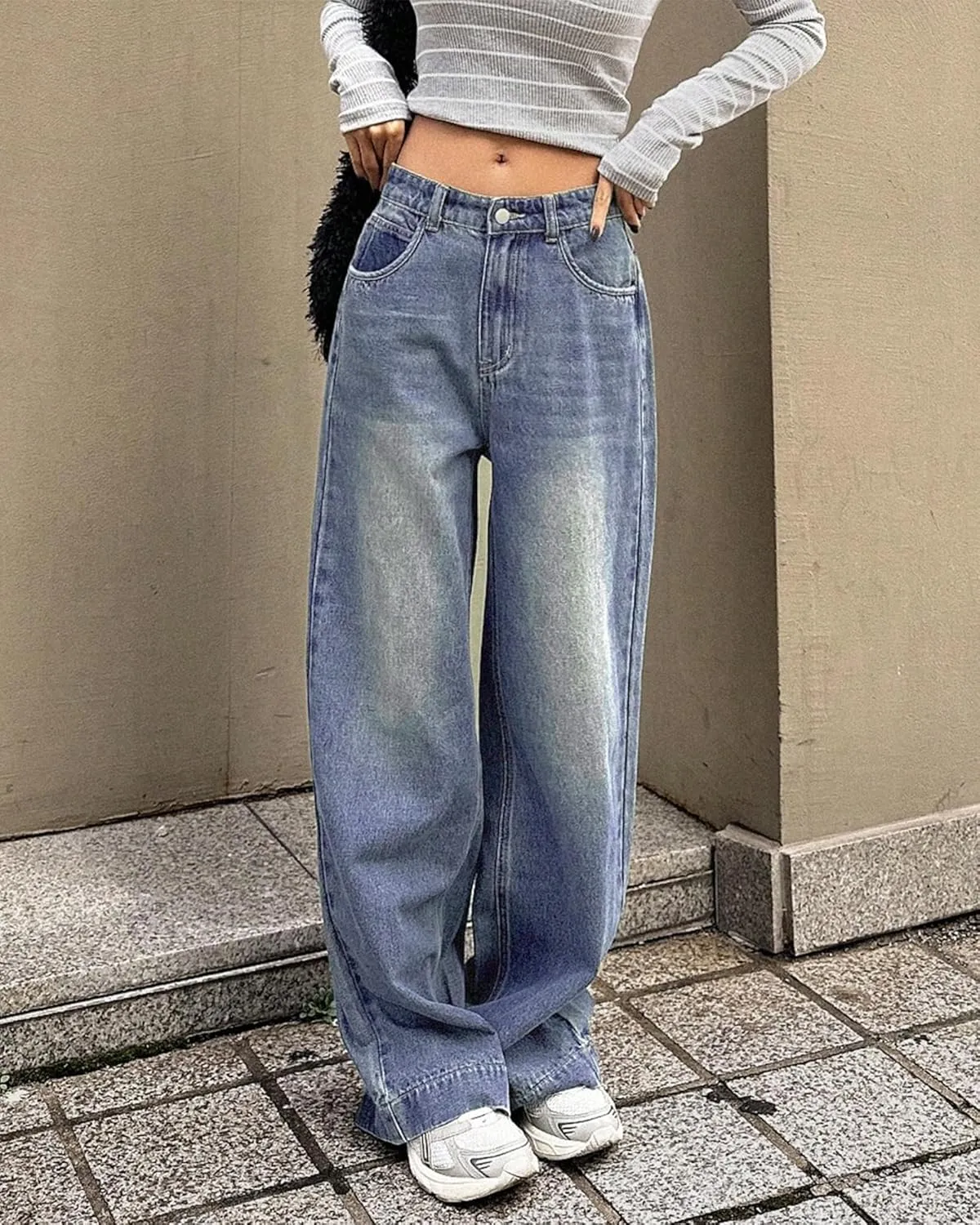 Women's High Waist Baggy Jeans 90s Grunge Boyfriend Wide Leg Denim | Y2K Vintage Loose Fit in Medium/Retro Dark Blue Wash