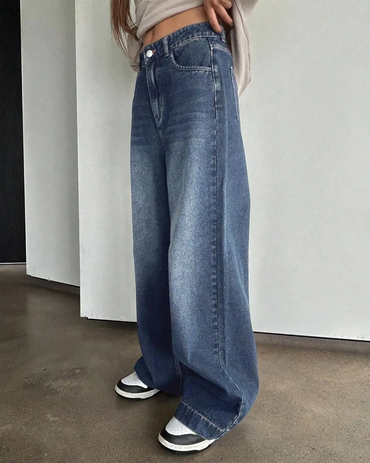 Women's High Waist Baggy Jeans 90s Grunge Boyfriend Wide Leg Denim | Y2K Vintage Loose Fit in Medium/Retro Dark Blue Wash