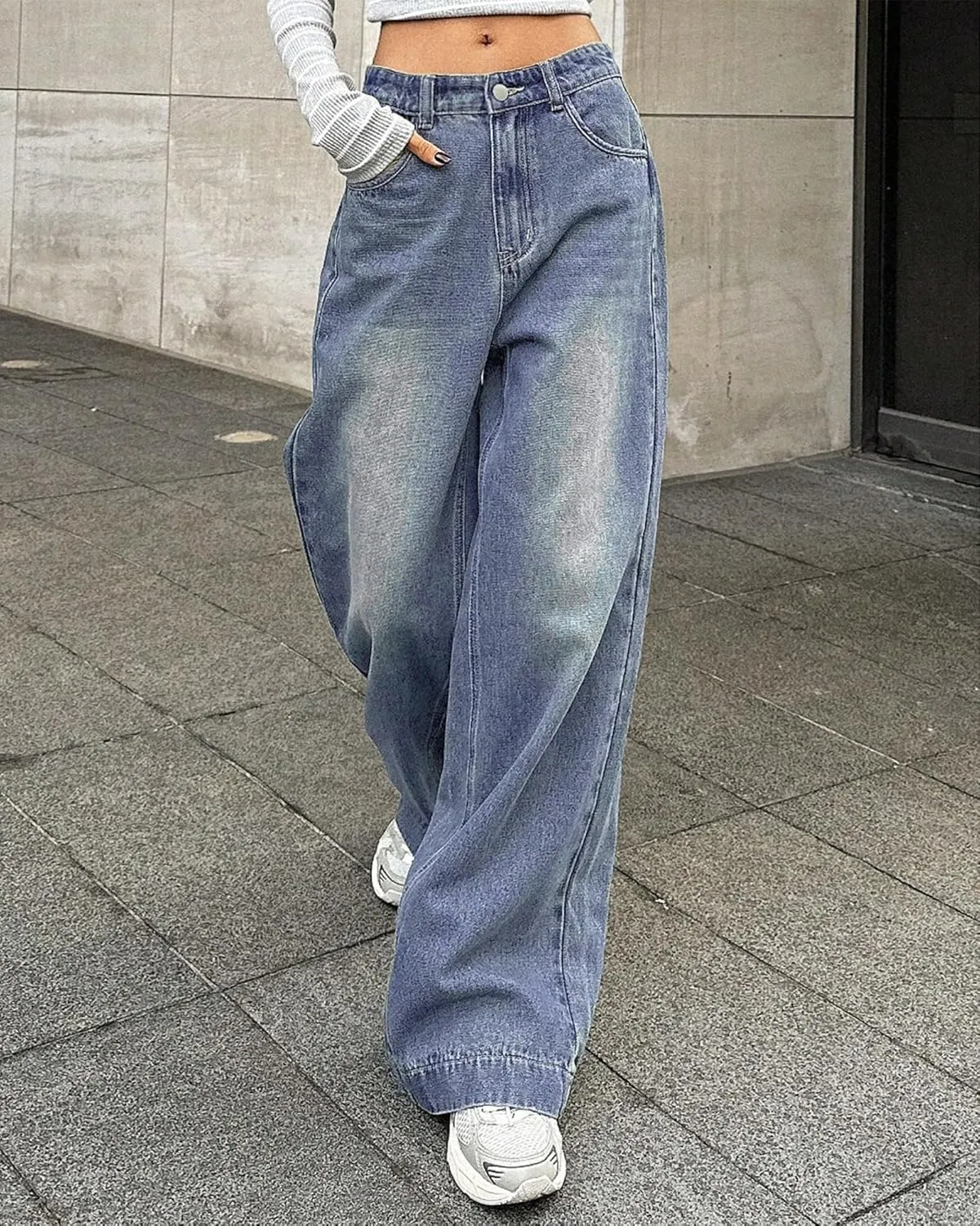 Women's High Waist Baggy Jeans 90s Grunge Boyfriend Wide Leg Denim | Y2K Vintage Loose Fit in Medium/Retro Dark Blue Wash