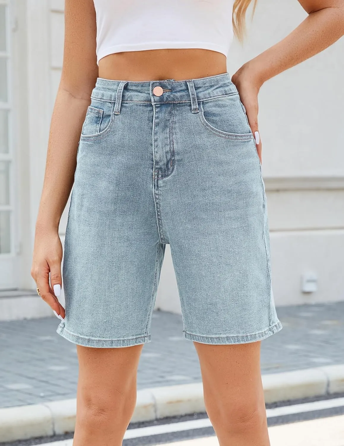 Women's High Waisted Stretchy Bermuda Denim Shorts - Trendy Casual Loose Fit