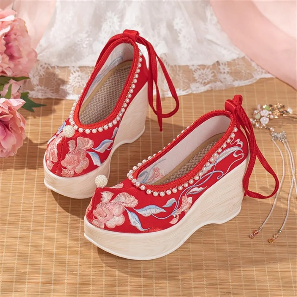 Women's High Wedge Heel Flower Embroidered Wedding Shoes Pearl Decoration Chinese Traditional Ancient Style Hanfu Shoes(Red,6)