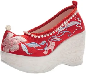 Women's High Wedge Heel Flower Embroidered Wedding Shoes Pearl Decoration Chinese Traditional Ancient Style Hanfu Shoes(Red,6)