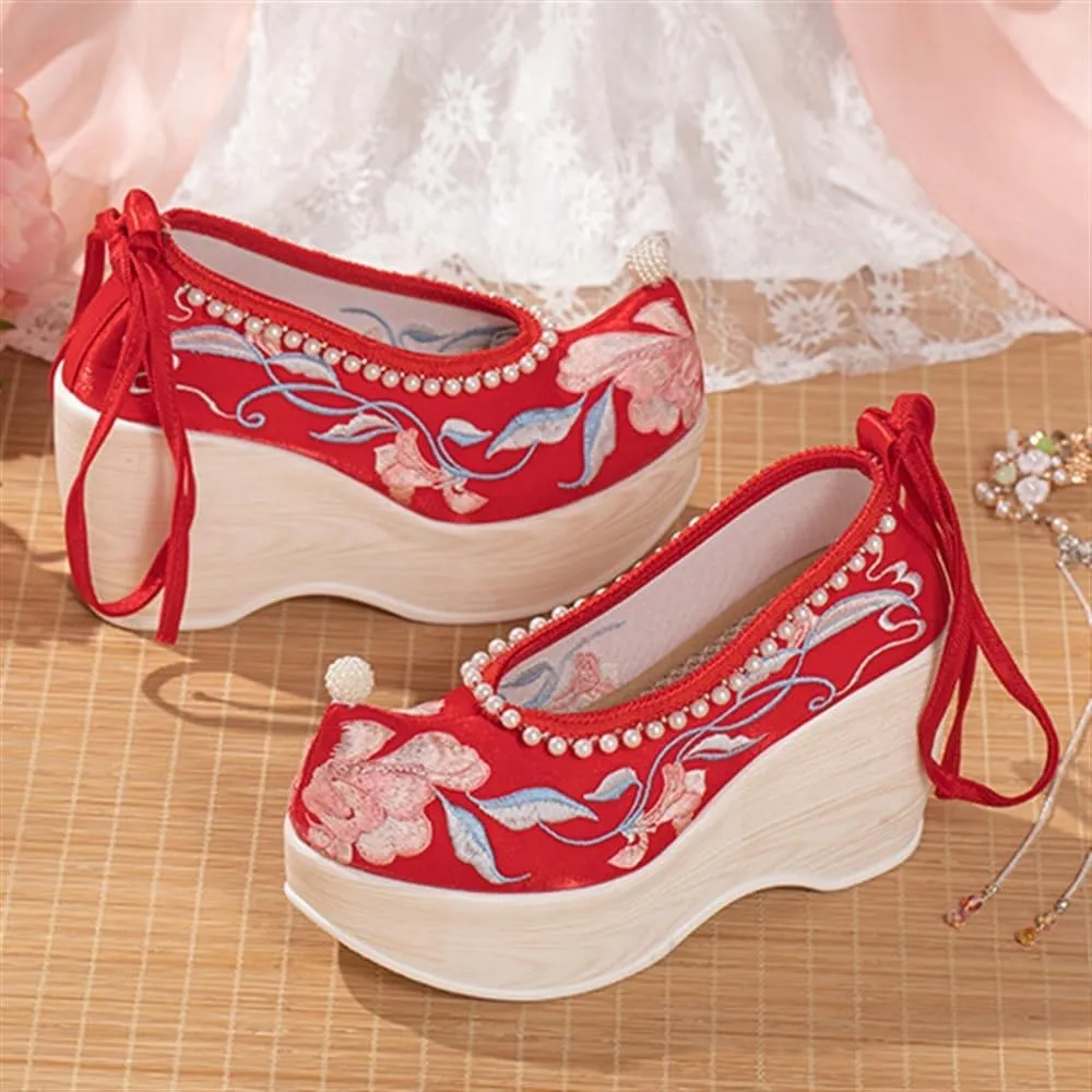 Women's High Wedge Heel Flower Embroidered Wedding Shoes Pearl Decoration Chinese Traditional Ancient Style Hanfu Shoes(Red,6)