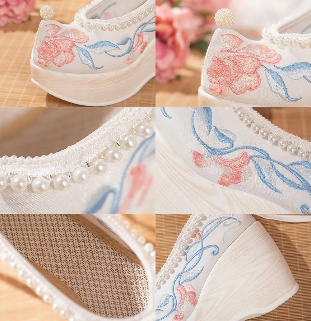 Women's High Wedge Heel Flower Embroidered Wedding Shoes Pearl Decoration Chinese Traditional Ancient Style Hanfu Shoes(Red,6)