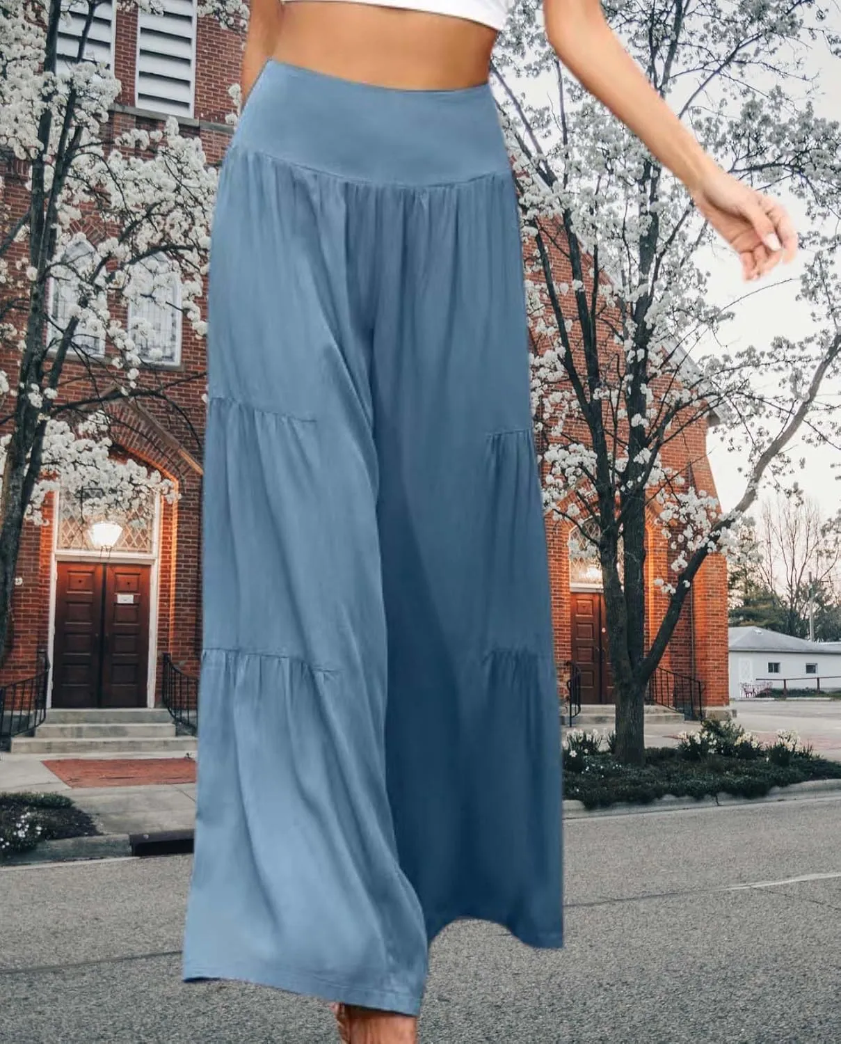 Womens Linen Pants 2025 Summer Cotton Wide Leg High Waisted Tiered Casual Solid Comfy Loose Flowy Beach Vacation Pant