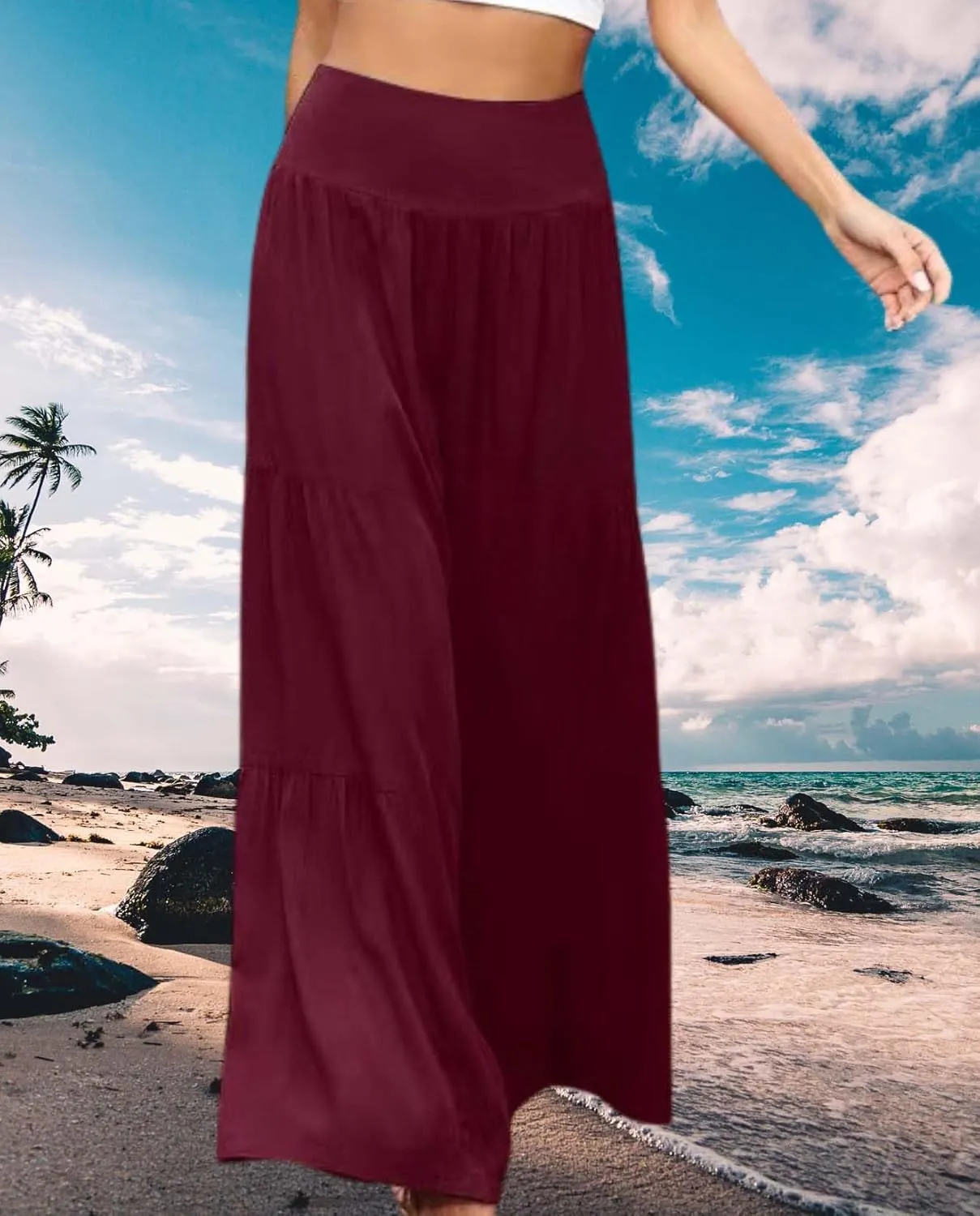 Womens Linen Pants 2025 Summer Cotton Wide Leg High Waisted Tiered Casual Solid Comfy Loose Flowy Beach Vacation Pant