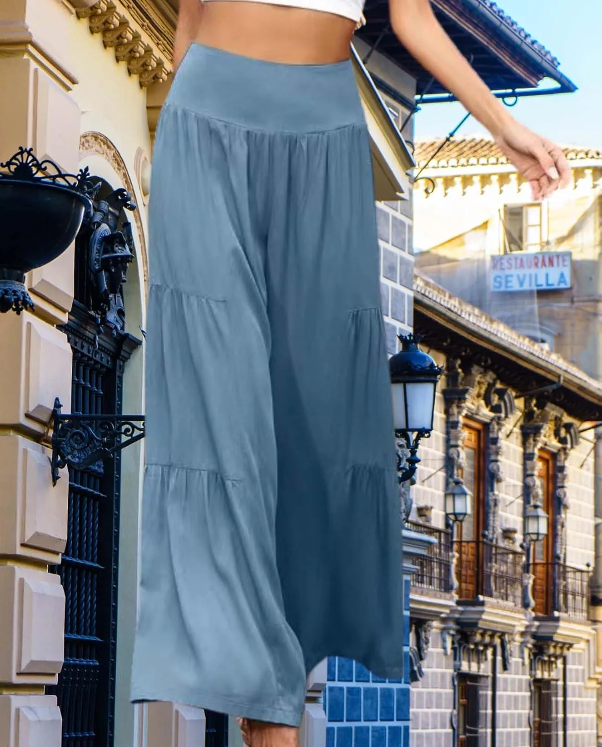 Womens Linen Pants 2025 Summer Cotton Wide Leg High Waisted Tiered Casual Solid Comfy Loose Flowy Beach Vacation Pant