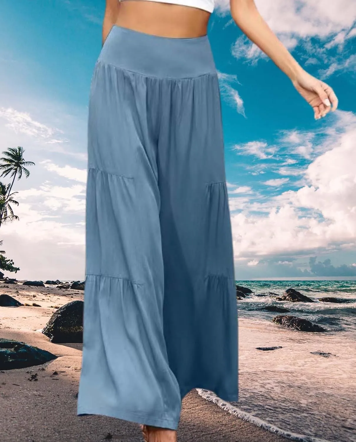 Womens Linen Pants 2025 Summer Cotton Wide Leg High Waisted Tiered Casual Solid Comfy Loose Flowy Beach Vacation Pant