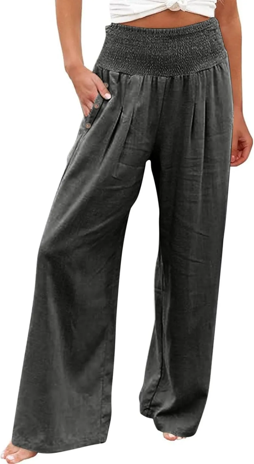 Women's Linen Summer Palazzo Pants Flowy High Waisted Wide Leg Beach Pants Casual Loose Fit Pocketed Paperbag Trouser
