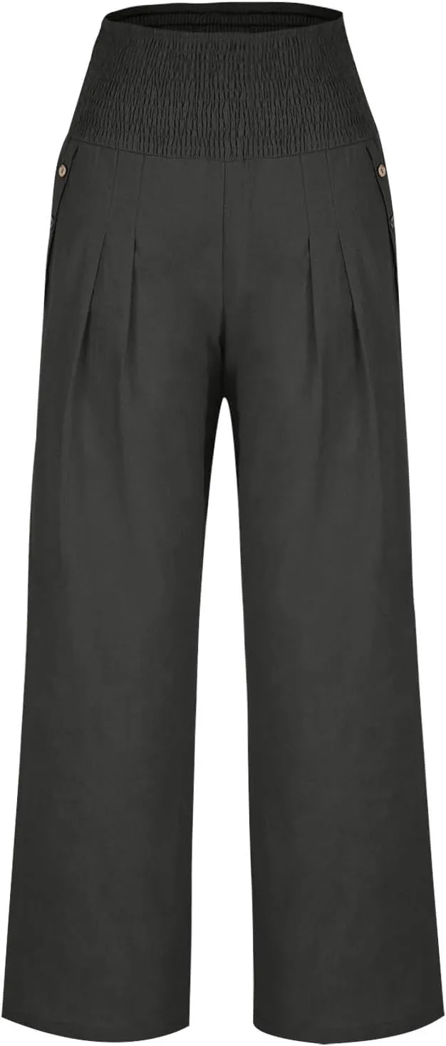 Women's Linen Summer Palazzo Pants Flowy High Waisted Wide Leg Beach Pants Casual Loose Fit Pocketed Paperbag Trouser