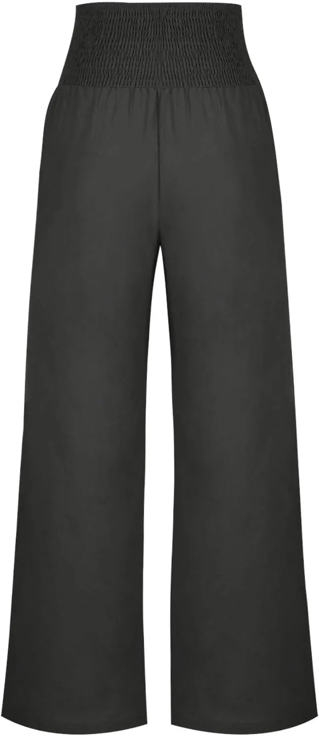 Women's Linen Summer Palazzo Pants Flowy High Waisted Wide Leg Beach Pants Casual Loose Fit Pocketed Paperbag Trouser