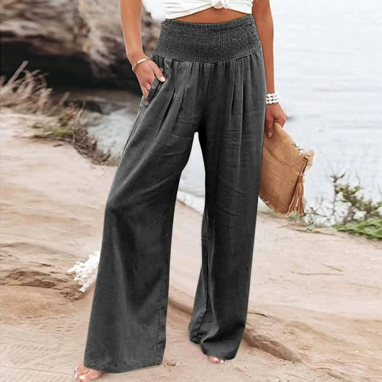 Women's Linen Summer Palazzo Pants Flowy High Waisted Wide Leg Beach Pants Casual Loose Fit Pocketed Paperbag Trouser