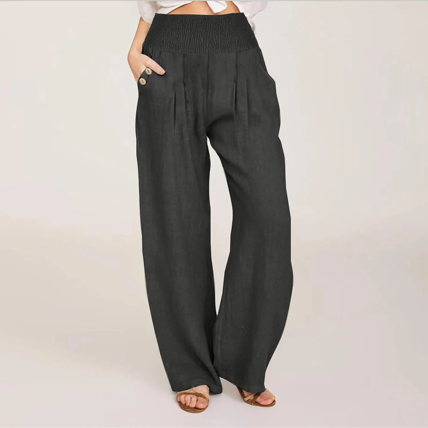 Women's Linen Summer Palazzo Pants Flowy High Waisted Wide Leg Beach Pants Casual Loose Fit Pocketed Paperbag Trouser