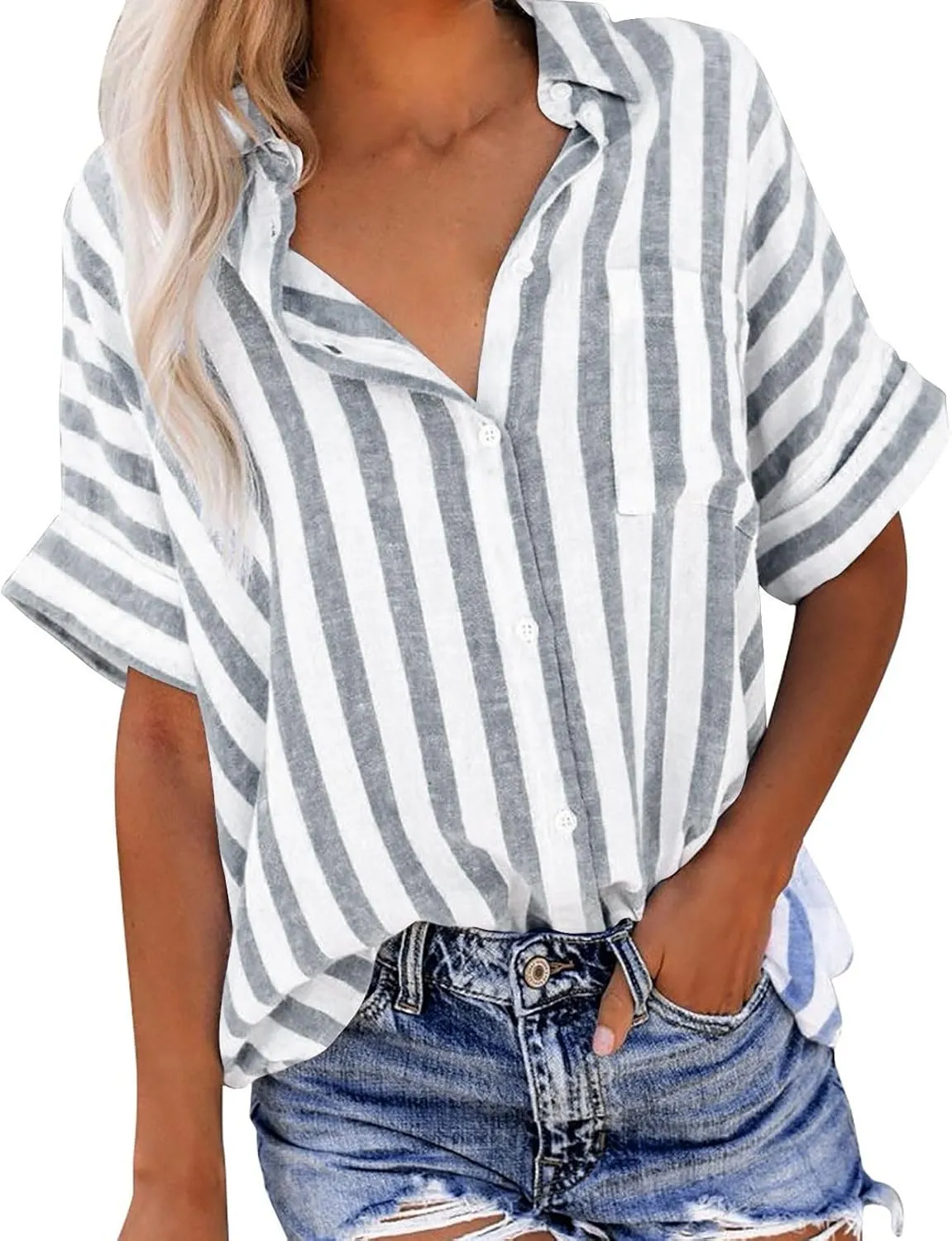 Women's Linen V Neck Button Down Shirt Roll Up Short Sleeve Casual Collared Work Blouse Loose Top Trendy