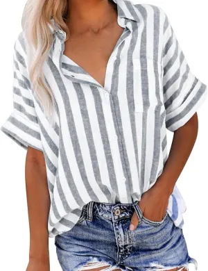 Women's Linen V Neck Button Down Shirt Roll Up Short Sleeve Casual Collared Work Blouse Loose Top Trendy