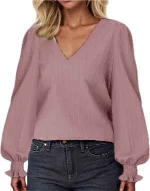 Womens Long Sleeve Tops Fall Fashion 2024 Casual v Neck Tunic Shirts Loose Puff Sleeve Elegant Ladies Blouses