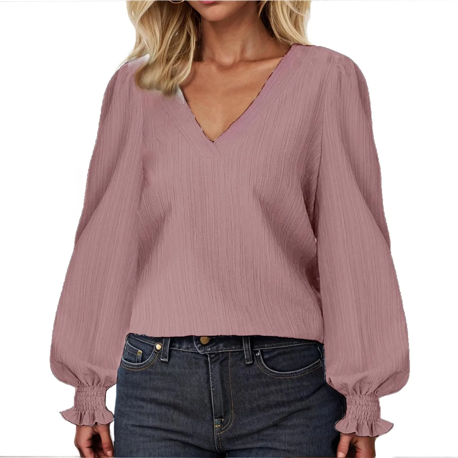 Womens Long Sleeve Tops Fall Fashion 2024 Casual v Neck Tunic Shirts Loose Puff Sleeve Elegant Ladies Blouses