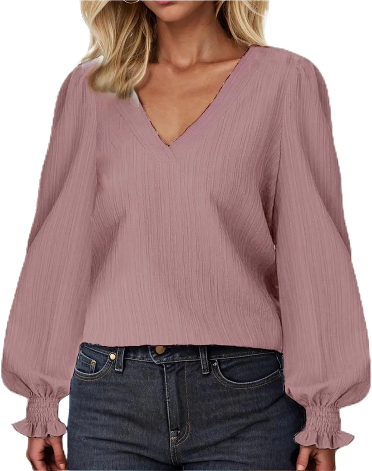 Womens Long Sleeve Tops Fall Fashion 2024 Casual v Neck Tunic Shirts Loose Puff Sleeve Elegant Ladies Blouses