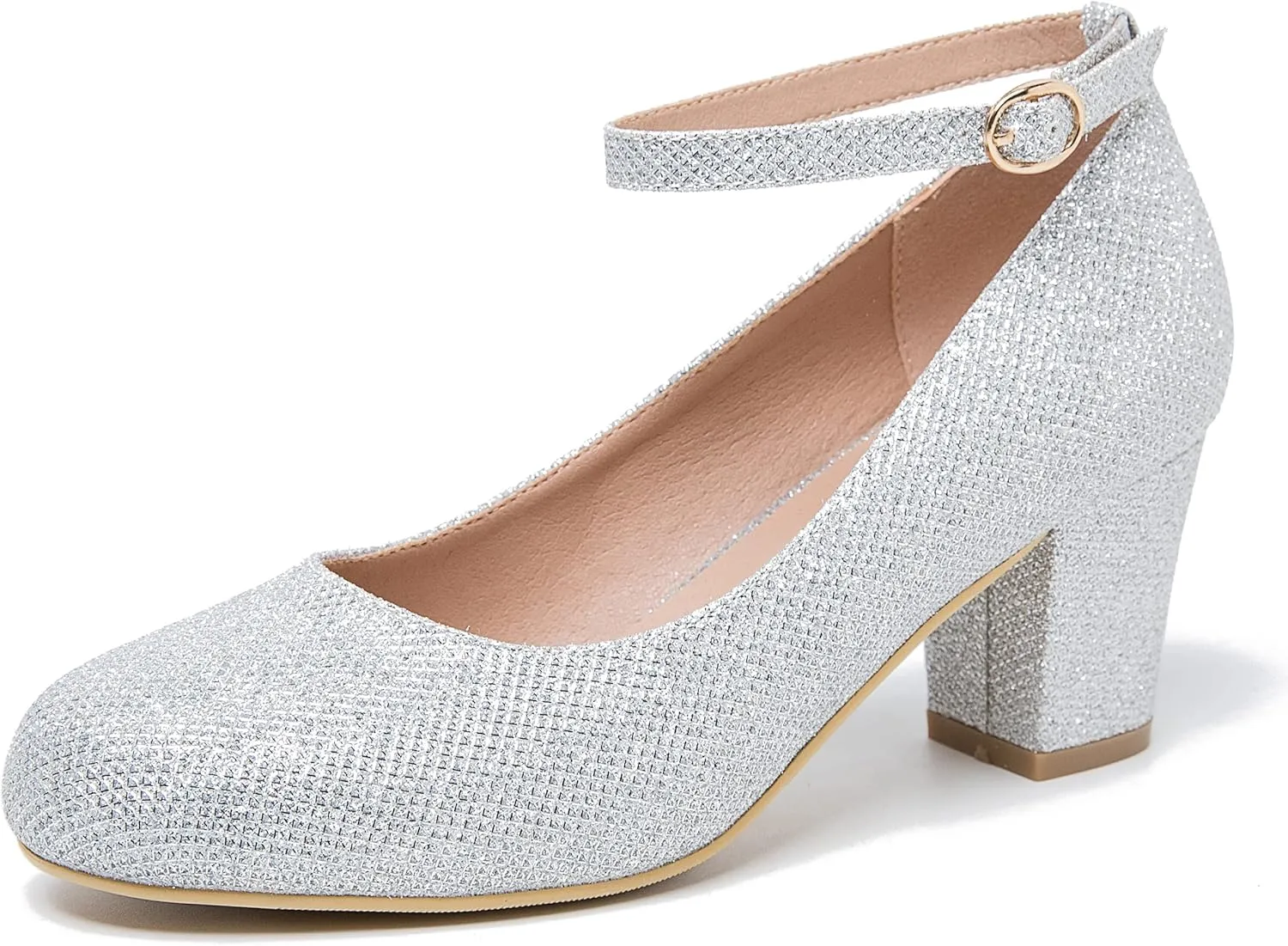 Women's Low Block Chunky Heels Ankle Strap Pumps Closed Round Toe Dress Wedding Office Work Church Shoes