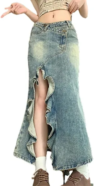 Women's Mermaid Hem Denim Skirt Harajuku Korean Style A-Line with Split Hem Vintage Skirt for Casual Outfits