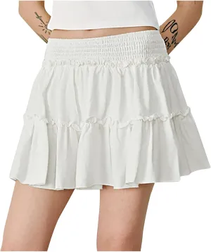 Women's Pleated Skater Skirt High Waisted Layered Ruffles Flared Mini Short Skirts Summer Beach Vacation Skirts