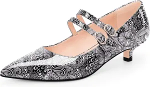 Women's Pointed Toe Kitten Heel Mary Jane Pumps Double Buckle Strap Dress Shoes