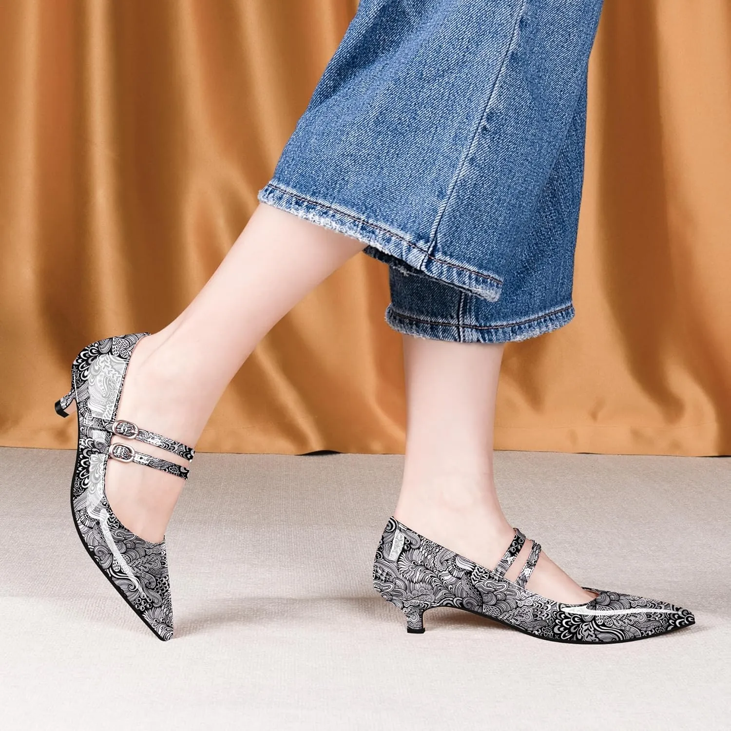 Women's Pointed Toe Kitten Heel Mary Jane Pumps Double Buckle Strap Dress Shoes