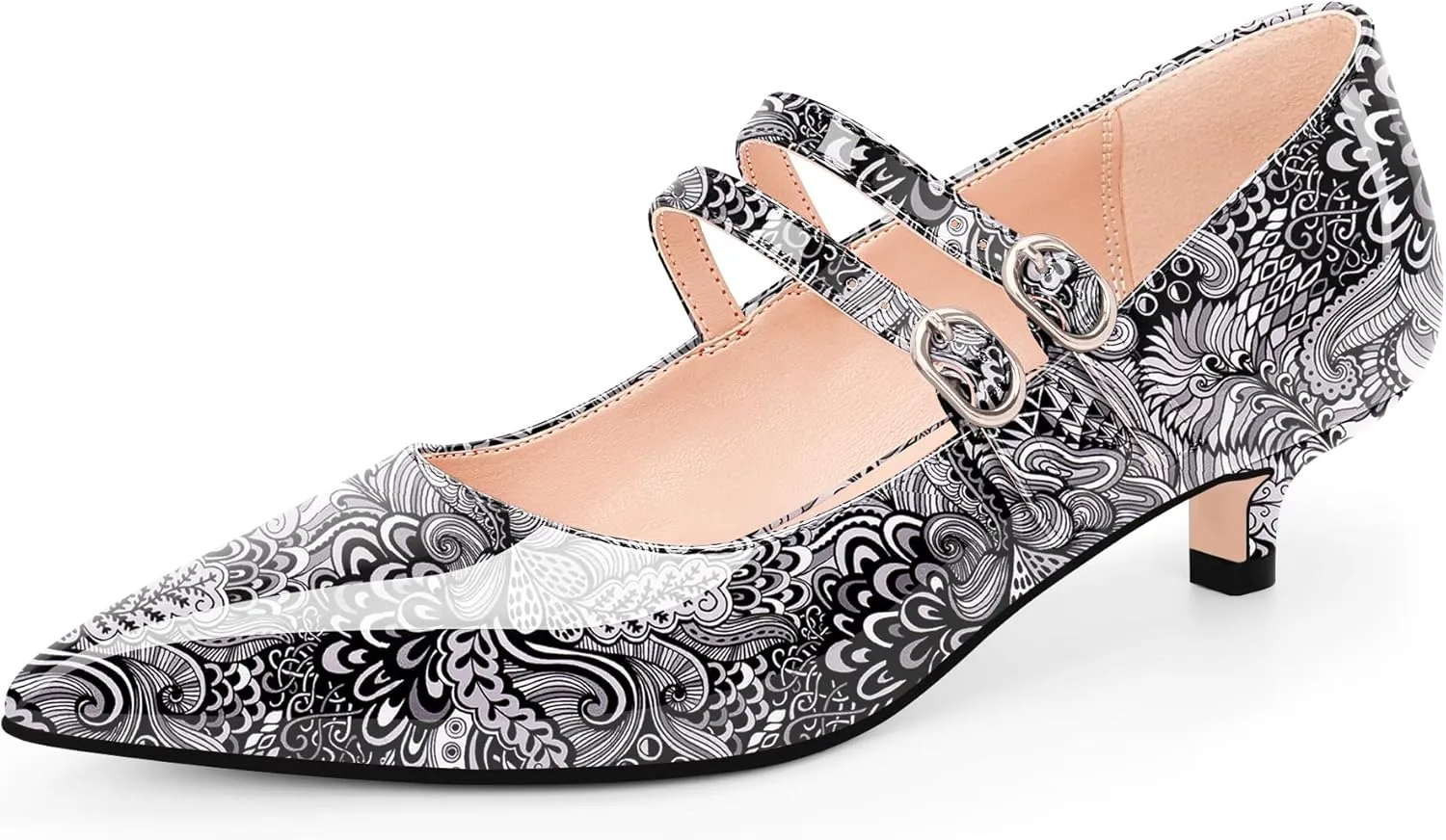 Women's Pointed Toe Kitten Heel Mary Jane Pumps Double Buckle Strap Dress Shoes