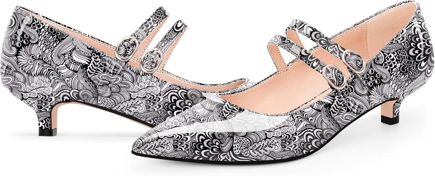 Women's Pointed Toe Kitten Heel Mary Jane Pumps Double Buckle Strap Dress Shoes