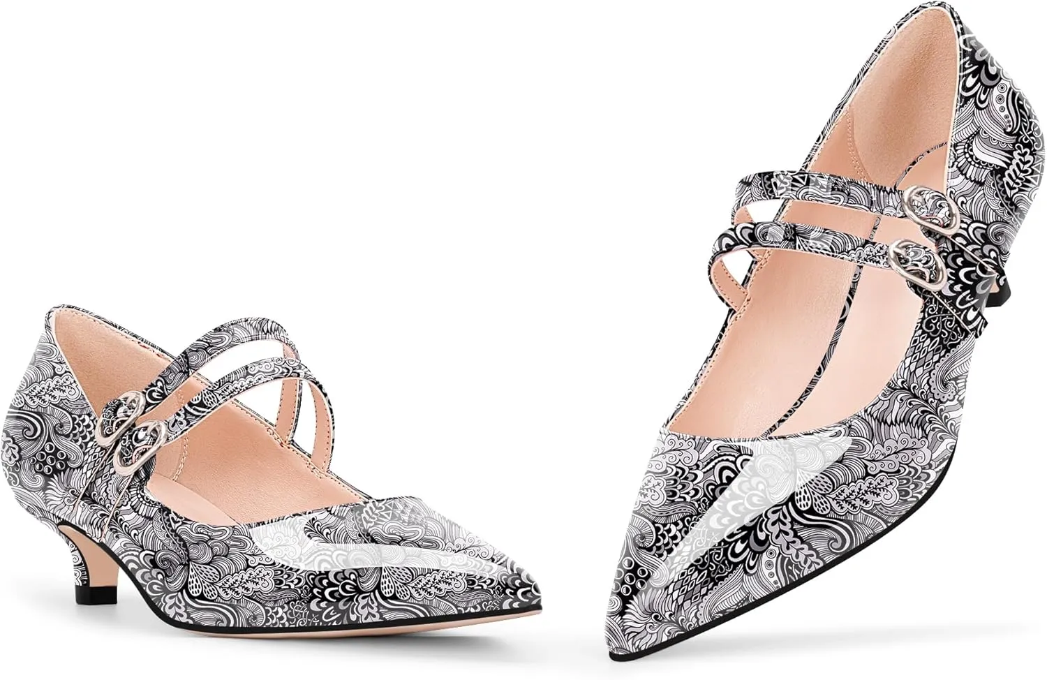 Women's Pointed Toe Kitten Heel Mary Jane Pumps Double Buckle Strap Dress Shoes