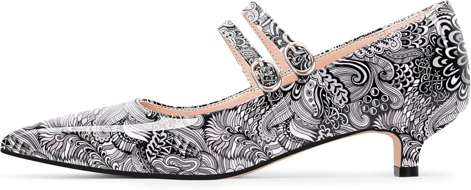 Women's Pointed Toe Kitten Heel Mary Jane Pumps Double Buckle Strap Dress Shoes