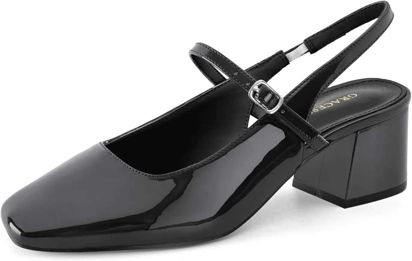 Women's Slingback Heels Low Chunky Heel Buckle Strap Pumps Square Toe Wedding Dress Shoes