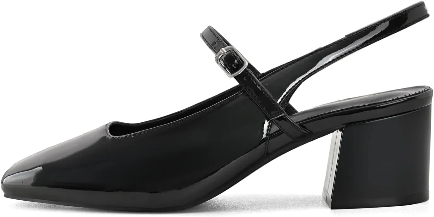 Women's Slingback Heels Low Chunky Heel Buckle Strap Pumps Square Toe Wedding Dress Shoes