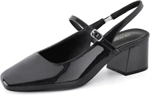 Women's Slingback Heels Low Chunky Heel Buckle Strap Pumps Square Toe Wedding Dress Shoes