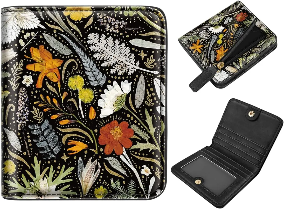 Womens Small RFID Blocking Wallet Compact Bifold Pocket Cute Credit Card Holder Leather Coin Slot Ladies Mini Purse with ID Window, Dried Flowers