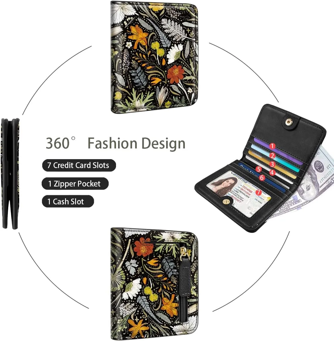 Womens Small RFID Blocking Wallet Compact Bifold Pocket Cute Credit Card Holder Leather Coin Slot Ladies Mini Purse with ID Window, Dried Flowers