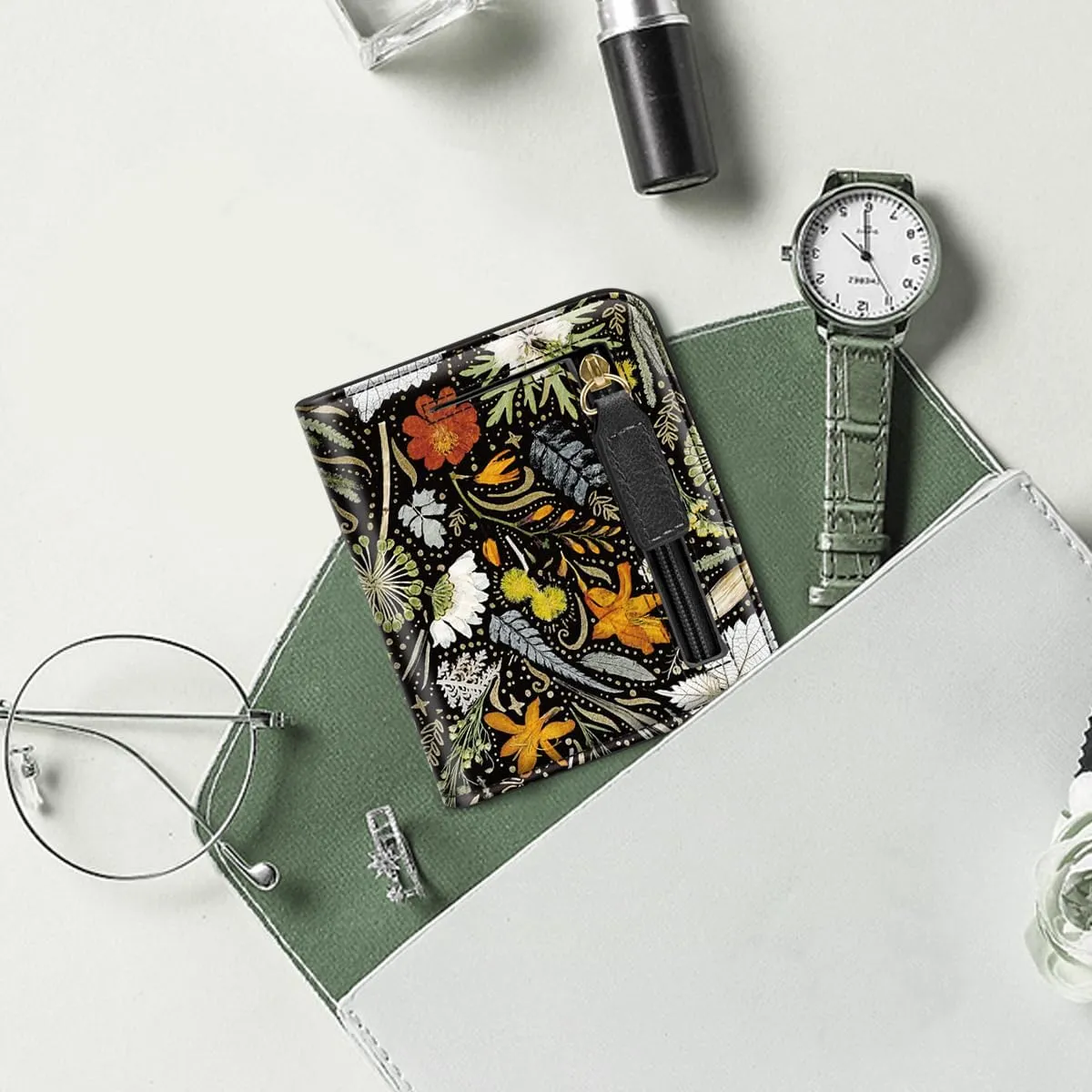 Womens Small RFID Blocking Wallet Compact Bifold Pocket Cute Credit Card Holder Leather Coin Slot Ladies Mini Purse with ID Window, Dried Flowers