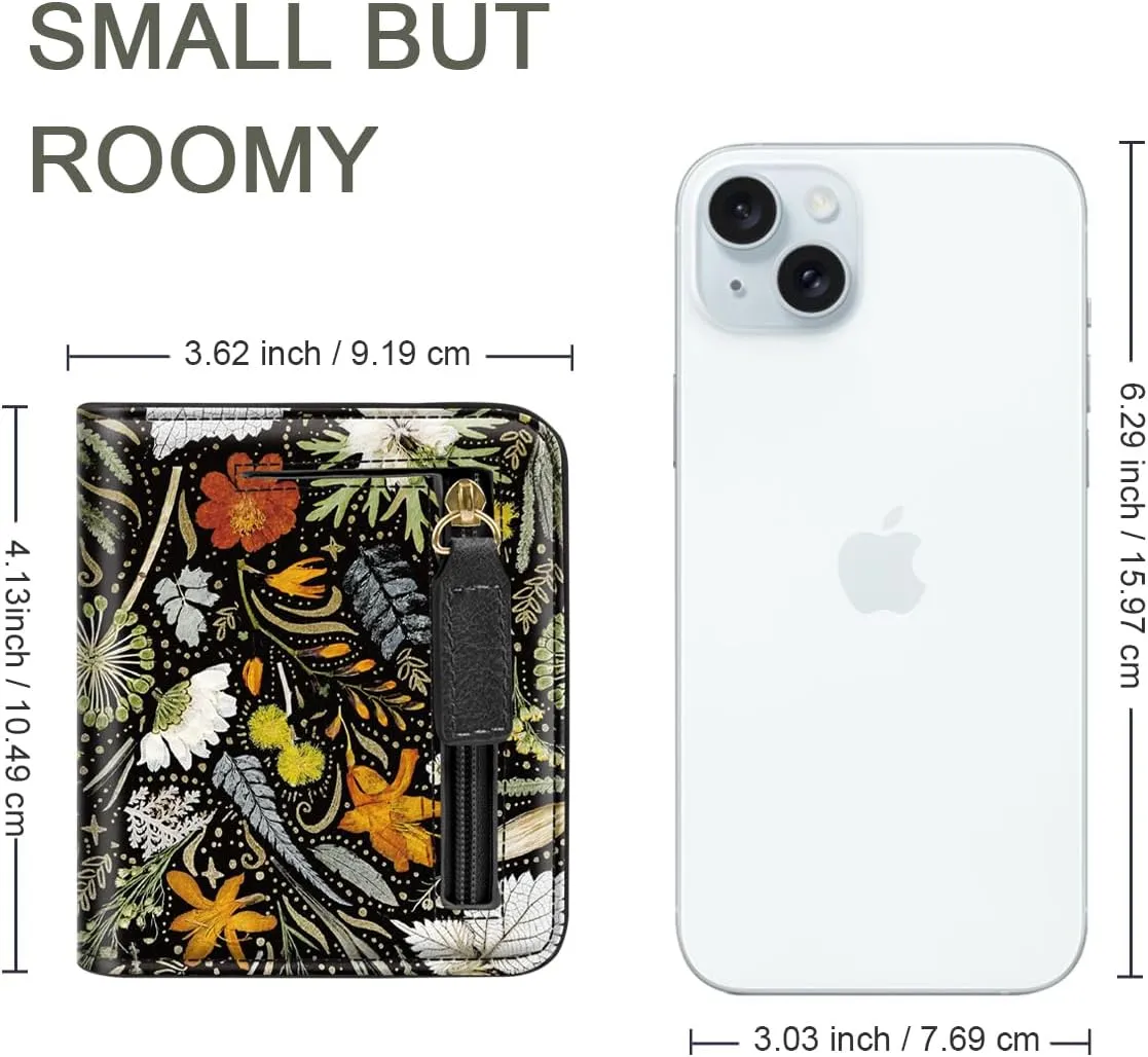 Womens Small RFID Blocking Wallet Compact Bifold Pocket Cute Credit Card Holder Leather Coin Slot Ladies Mini Purse with ID Window, Dried Flowers