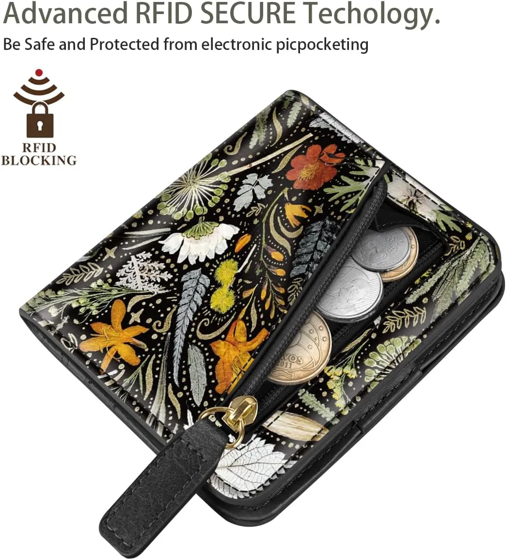 Womens Small RFID Blocking Wallet Compact Bifold Pocket Cute Credit Card Holder Leather Coin Slot Ladies Mini Purse with ID Window, Dried Flowers