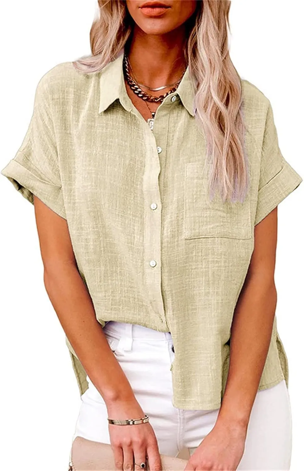 Womens Solid Summer Dress Shirts Linen Loose Fit Collared Roll Up Sleeve Button Down Blouses Henley Tops with Pocket Beige