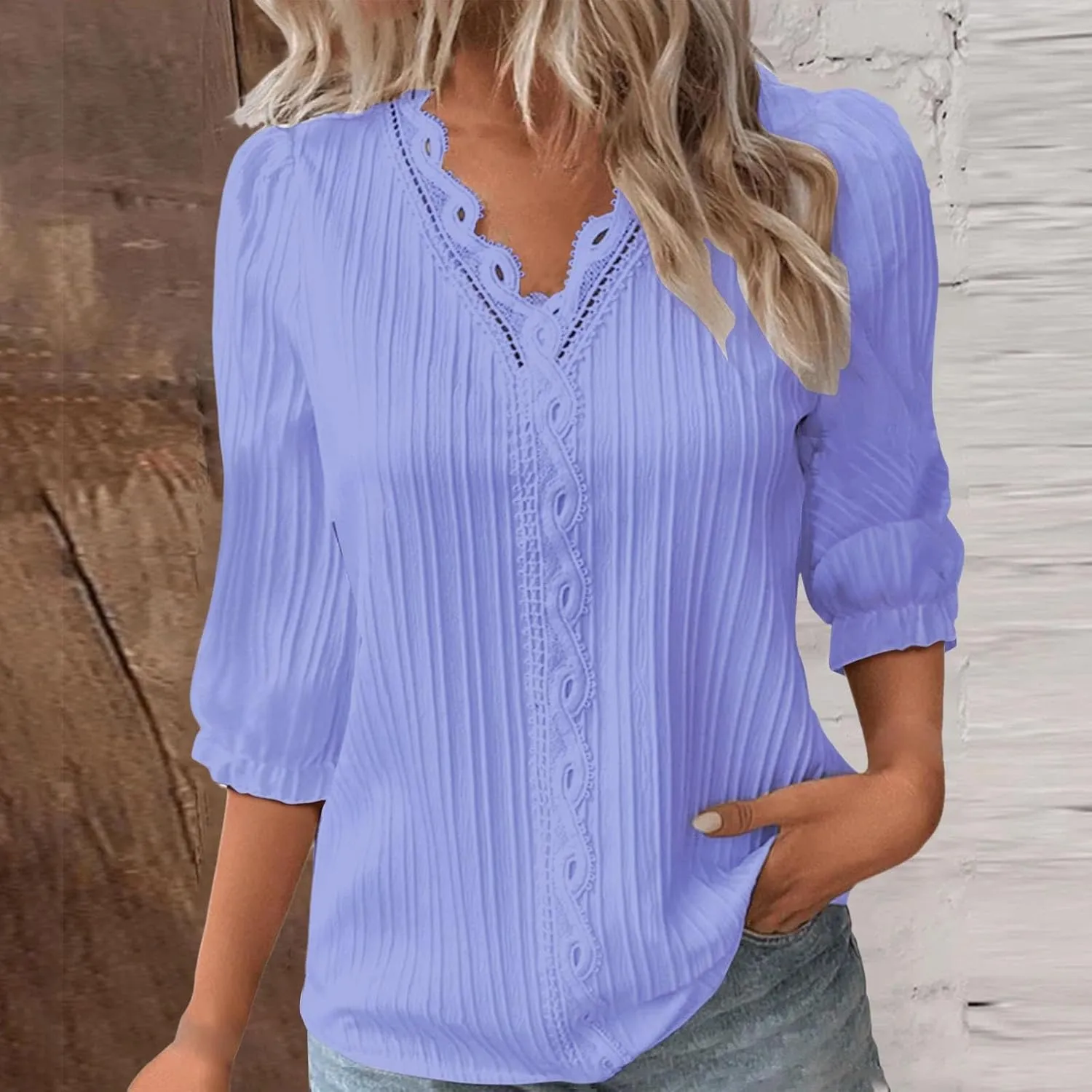 Womens Spring Tops 2025 Trendy Casual Elegant Textured Solid Blouses Lace V Neck 3/4 Puff Sleeve Pullover Tunic Tops