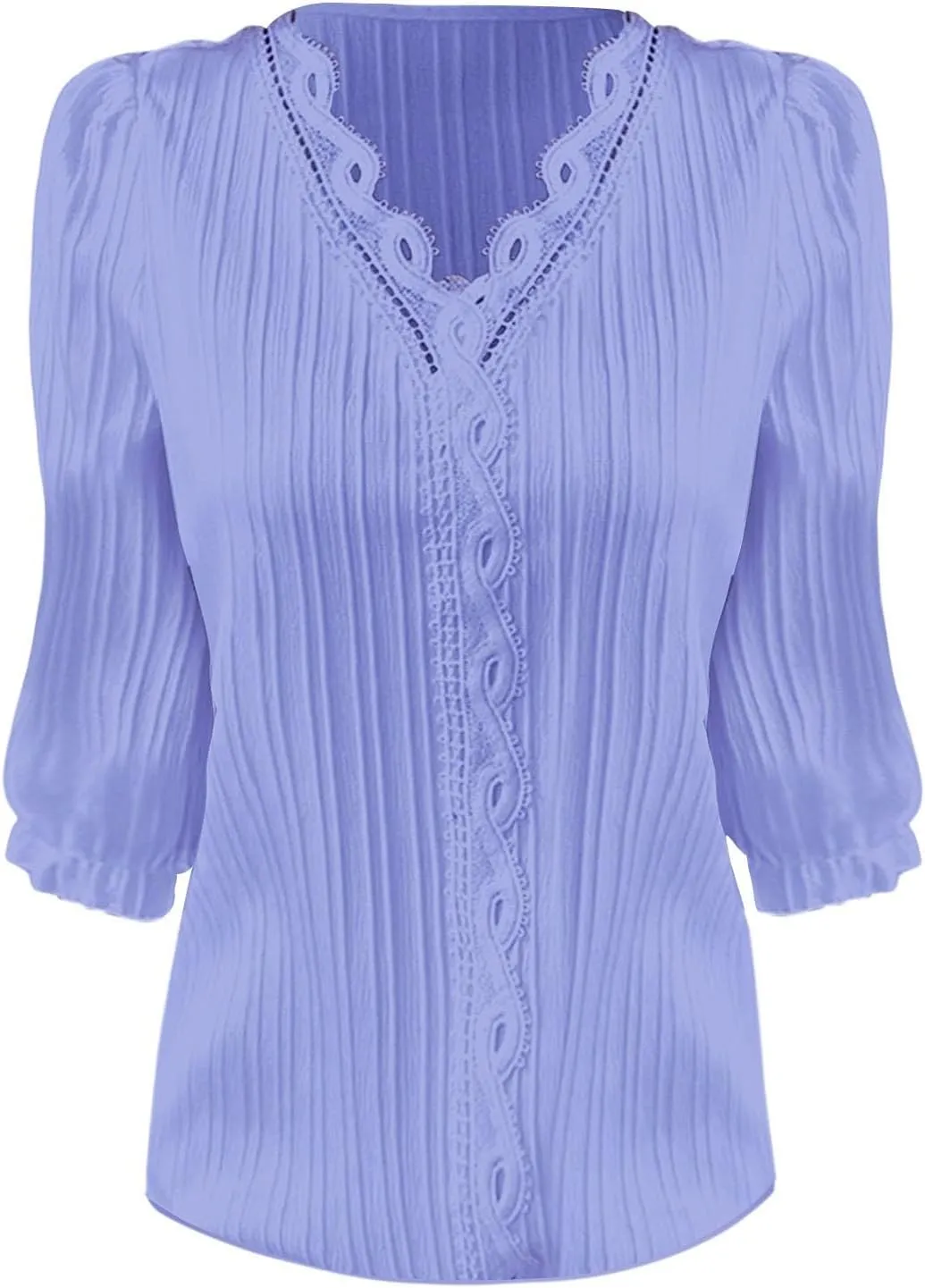 Womens Spring Tops 2025 Trendy Casual Elegant Textured Solid Blouses Lace V Neck 3/4 Puff Sleeve Pullover Tunic Tops
